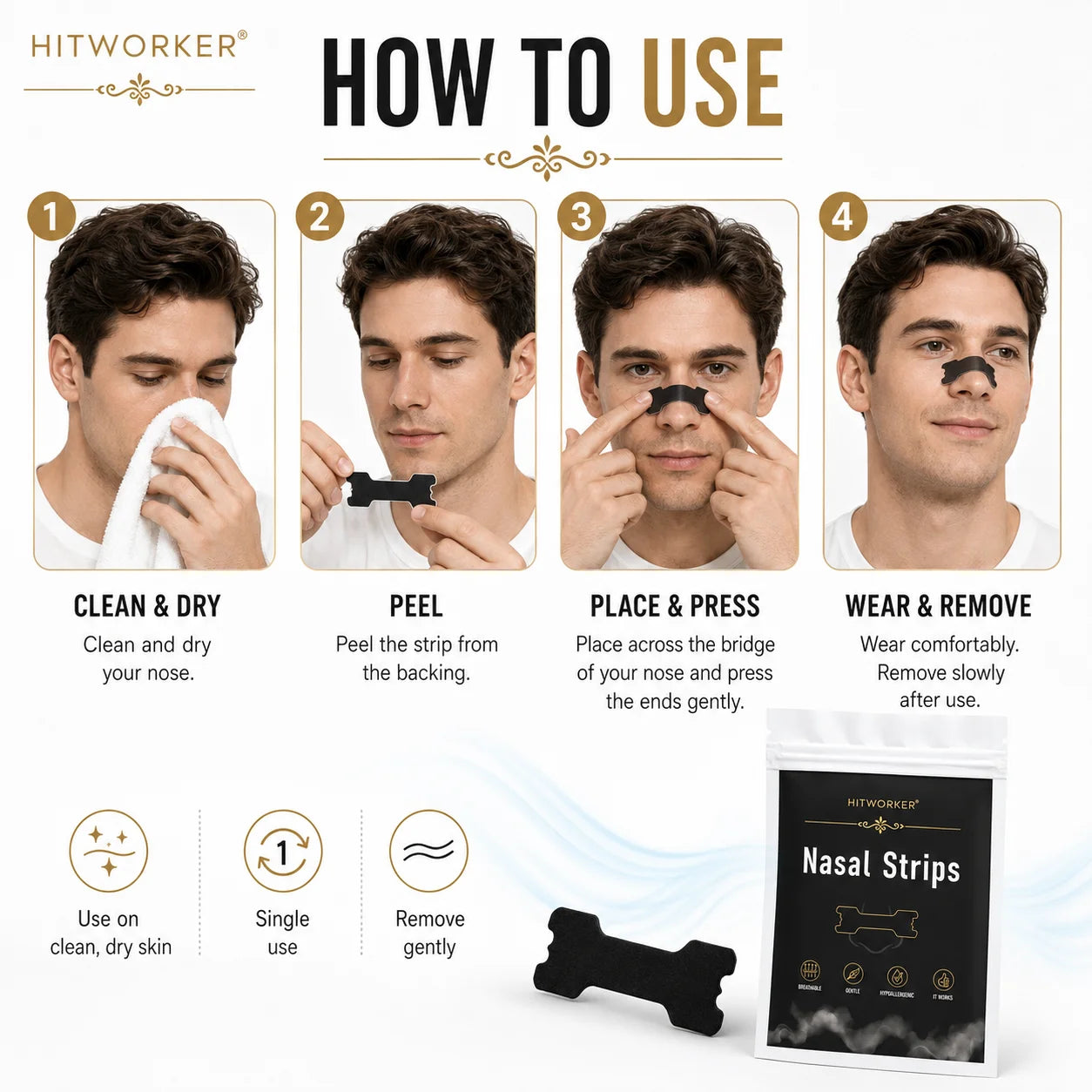 HITWORKER Black Nasal Strips Breathable Nose Strips Flexible Support Nose Tape Skin-Friendly Adhesive Comfort Fit for Day
