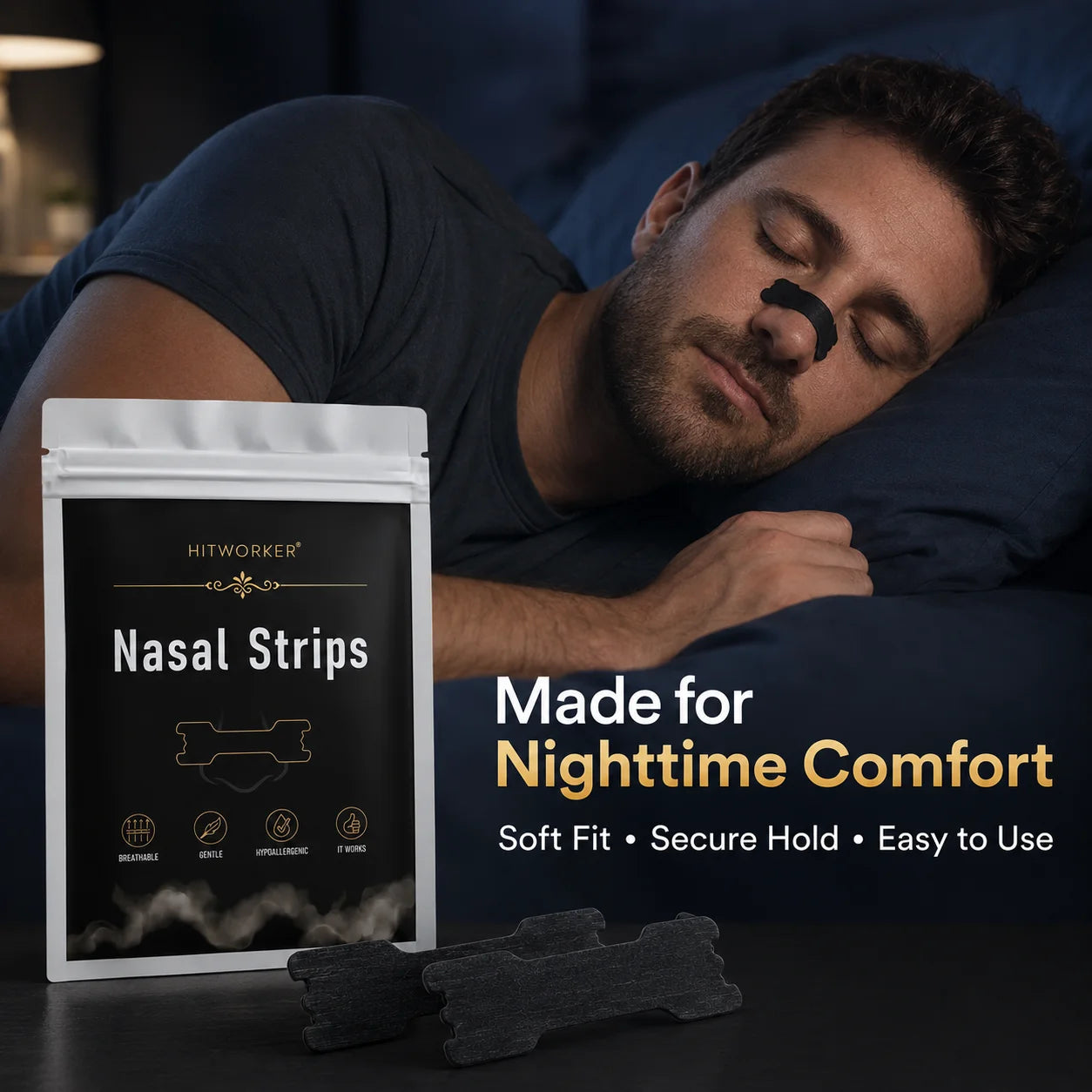 HITWORKER Black Nasal Strips Breathable Nose Strips Flexible Support Nose Tape Skin-Friendly Adhesive Comfort Fit for Day