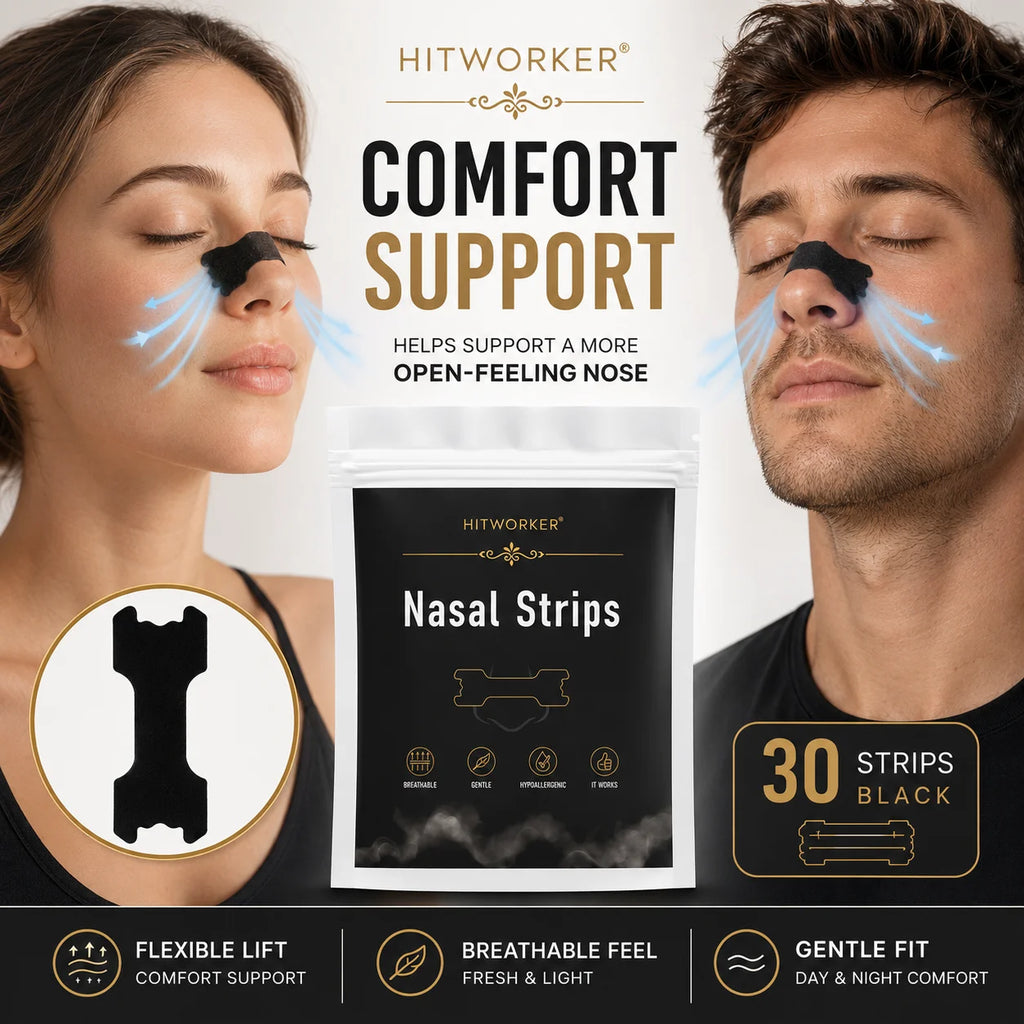 HITWORKER Black Nasal Strips Breathable Nose Strips Flexible Support Nose Tape Skin-Friendly Adhesive Comfort Fit for Day