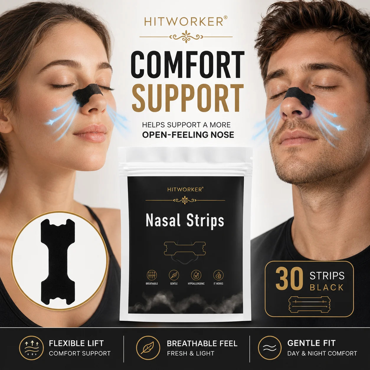 HITWORKER Black Nasal Strips Breathable Nose Strips Flexible Support Nose Tape Skin-Friendly Adhesive Comfort Fit for Day