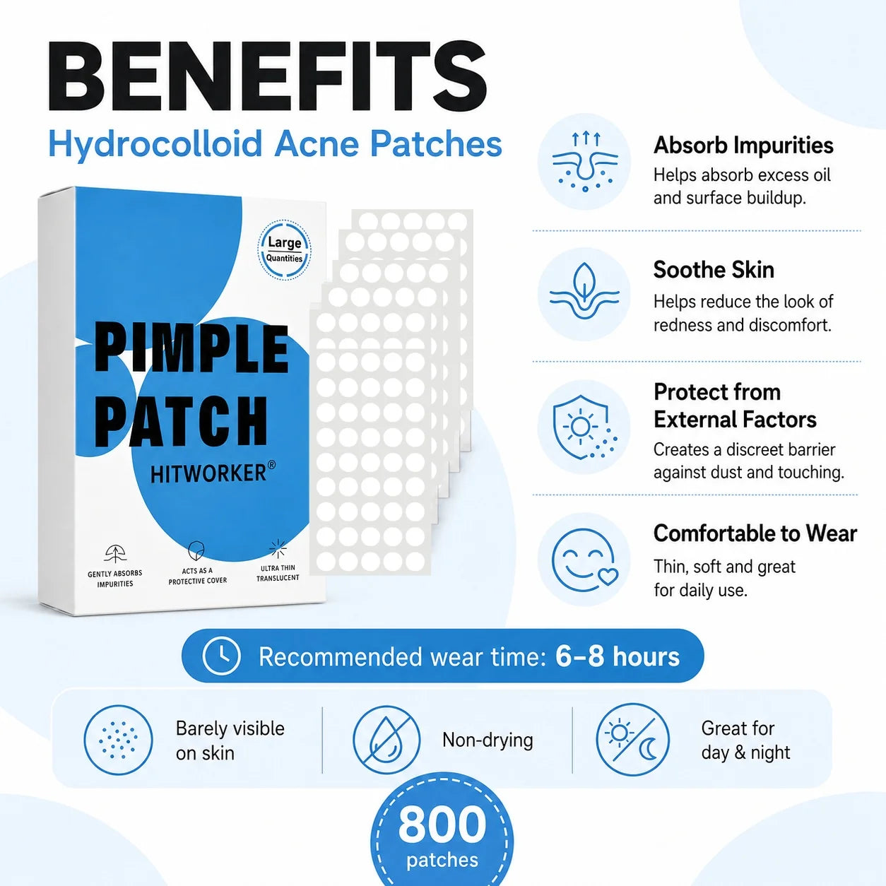 800Pcs Hydrocolloid Acne Pimple Patches, Invisible Blemish Spot Cover Stickers, Oil Absorbing Facial Skin Care Zit Patches