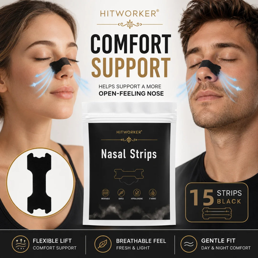 HITWORKER Black Nasal Strips Breathable Nose Strips Flexible Support Nose Tape Skin-Friendly Adhesive Comfort Fit for Day