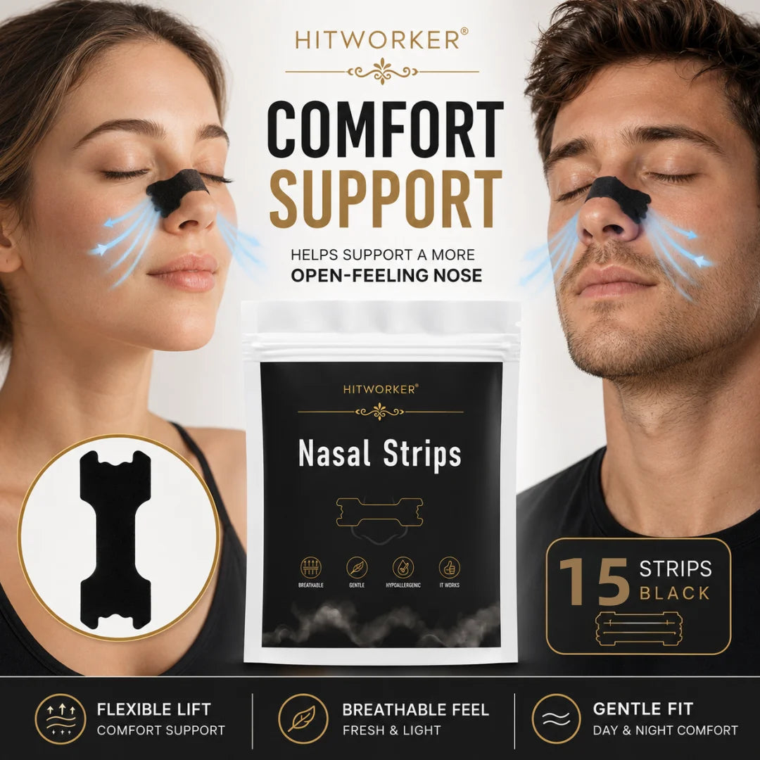 HITWORKER Black Nasal Strips Breathable Nose Strips Flexible Support Nose Tape Skin-Friendly Adhesive Comfort Fit for Day