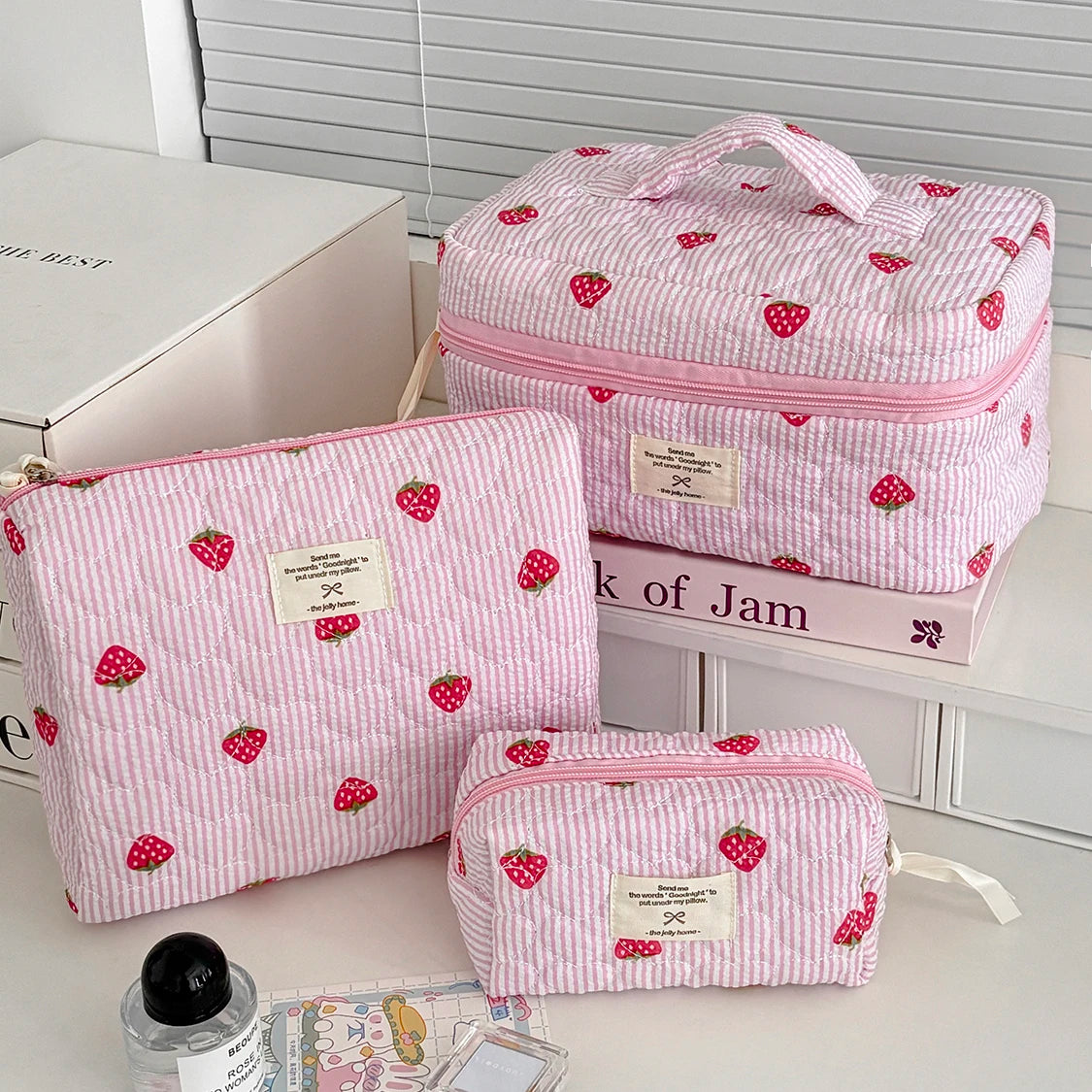 Fashion Pink Flower Women's Clutch Bag Sets Toiletry Makeup Tool Storage Pouch Quilting Cosmetics Organizers Handbag for Travel