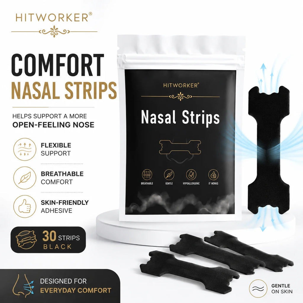 HITWORKER Black Nasal Strips Breathable Nose Strips Flexible Support Nose Tape Skin-Friendly Adhesive Comfort Fit for Day