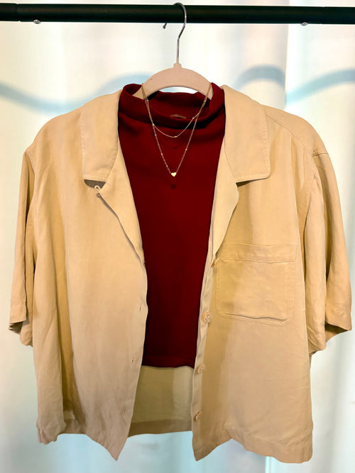 Beige Cropped Button Down